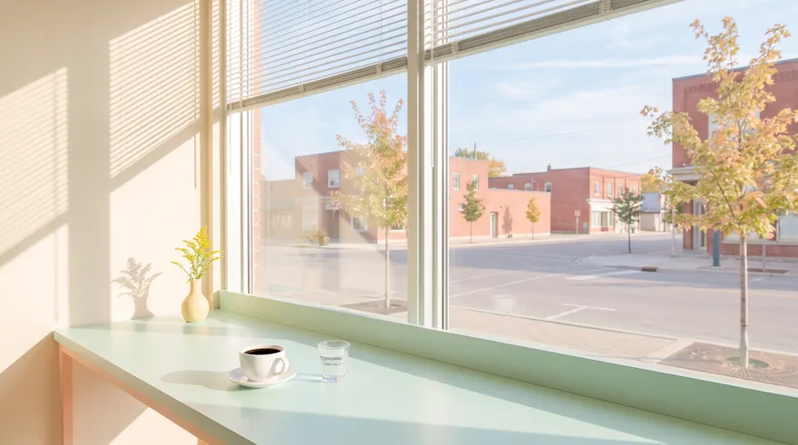 Coffee and water on a mint counter in morning sun